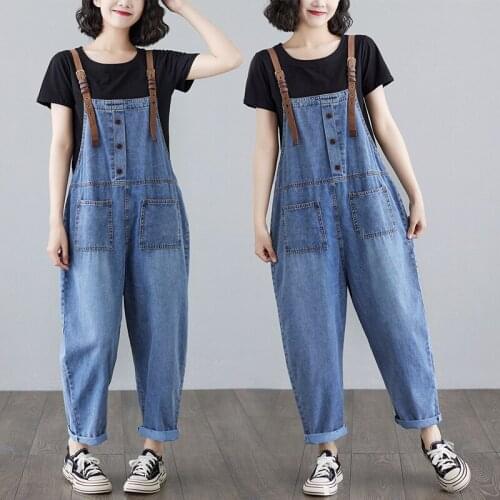 High Waist Denim Bib Women Thin Korean Pants Look Thin Jeans Loose Straight Nine-point Overalls Jumpsuit Trousers Streetwear