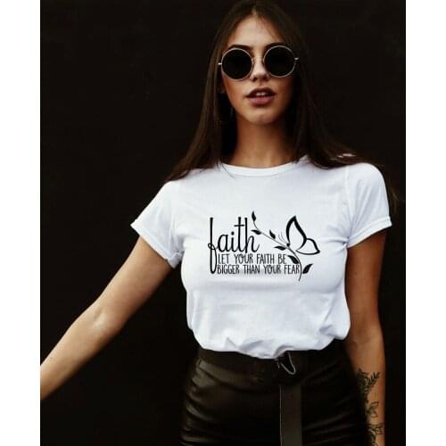 Women Christian Religion T Shirts Aesthetic Female Summer Tops Let Your Faith Bigger Than Your Fear Butterfly Print Graphic Tees