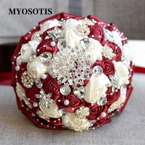 Chinese Vintage Red Color Ribbon Wedding Rose Flowers Rhinestone Bridal Bouquets Burgundy Red Bride Holding Round Bouquet