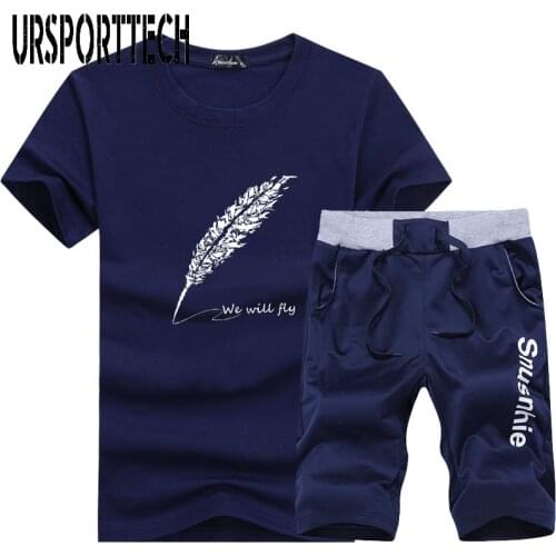 URSPORTTECH New Tracksuit Men Set 2020 Summer 2 Pieces Short SweatShirt Shorts Sets Beach Mens Casual Tee Shirts Set Sportswears