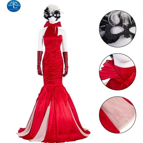 Cruella Cosplay Red Dresses Fashion Queen Costume Wedding Evening Party Red Dress Cruella De Vil Costume Womens Fancy Dress