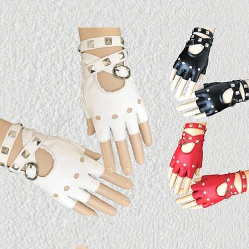 1 Pair Unisex Fingerless Driving PU Leather Gloves Motor Punk Cool Rivet Sexy Disco Dancing Rock-and-roll Gloves Black Red White