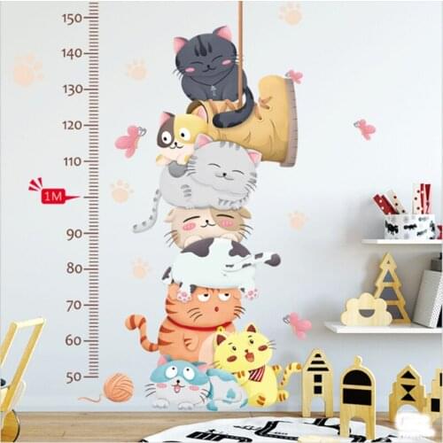 Cartoon Cat Animals Measure Wall Stickers For Kids Rooms Kindergarten Height Chart Ruler Decals Nursery Home Decor