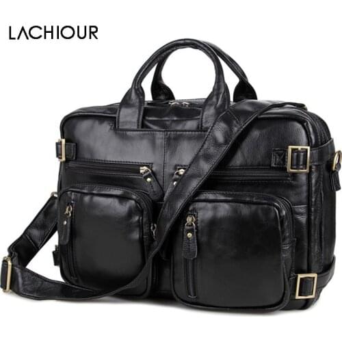 4 Functions Men Genuine Leather Handbag Male Large Business Travel Messenger Bag Mens 14 Inch Laptop Crossbody Bag Portfolio