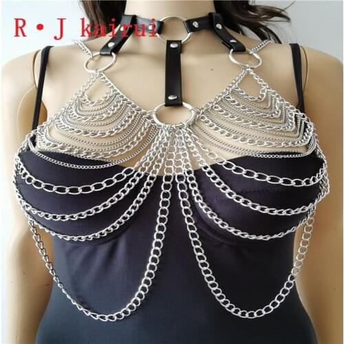 New Fashion RJPU20 Silver Chains PU Leather Neck Layers Bra Body Jewelry Unique Design Top Chains Costume Jewelry