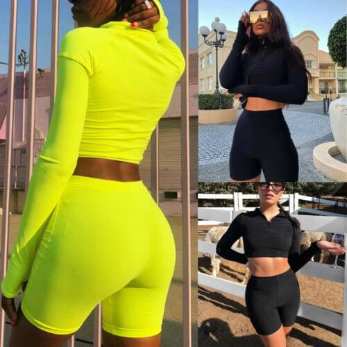 New Hot Female Fluorescence Fitness High Waist Shorts Sports Suits And Two Pieces Sets Full Sleeve Zipper Turtleneck Tops