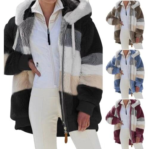 Hirigin New Fashion Women Contrast Color Comfortable Plush Hooded Coat Long Sleeve Zip-up Warm Tops Jacket for Ladies