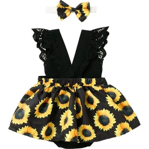Newborn Baby Girls Summer Clothes Floral/Sunflower Dress Lace Sleeve Dresses Ruffle Romper Skirts 0-24 Months