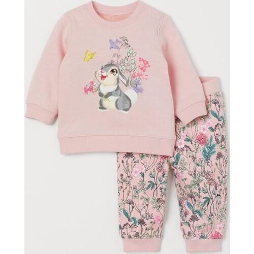 2021 Autumn Baby Girl Pink Bunny Sweatshirts + Flower Pants 2 Pcs Suit Sets Kids Casual Cotton Clothes Girls Boutique Outfits
