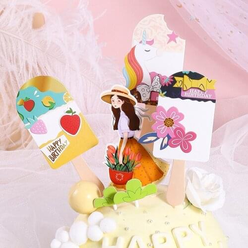 Summer Style Ice Cream Stick Theme Happy Birthday Cake Topper Candy Bar Baby Shower Girls Birthday Party Cupcake Supplies