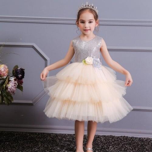 Summer Multi-Layer Mesh Bow Sequins Princess Dress for Girls Open Back Elegant Flower Kids Dress for Girls Party Wedding Clothes