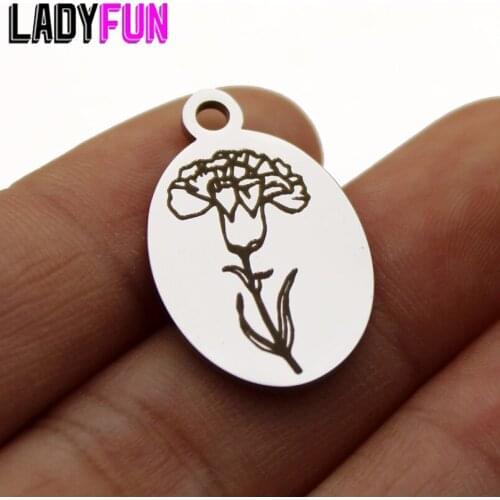 Birth Month Flower January CARNATION Charm Stainless Steel Birth Flowers Charms High Polish Mirror Surface Pendant 10pcs/lot