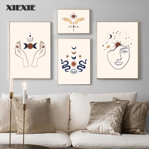 Nordic Posters and Prints Abstract Moon Sun Hand Eye Snake Girl Face Canvas Painting Wall Art Picture for Living Room Home Decor