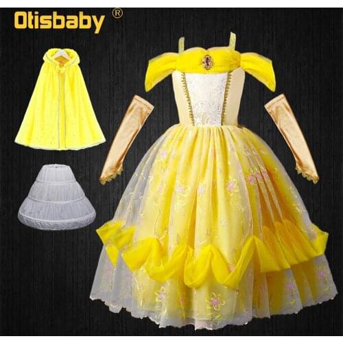 Christmas Girls Belle Dress Summer Yellow Lace Embroidered Flower Pageant Ball Gown Beauty and Beast Halloween Princess Costume