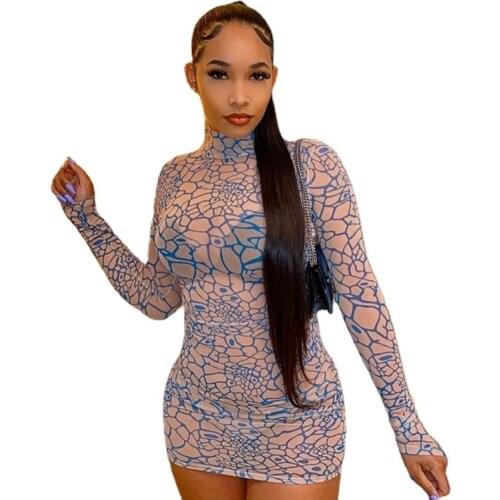 Mesh Fabric Finger Buckle Pattern Print Mini Dresses For Women See Through Skinny Elastic Bodycon Party Club Sexy Outfits