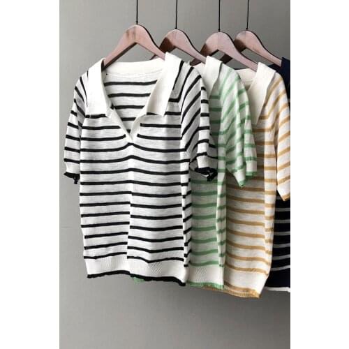 Summer Ice Silk Short Sleeve Lapel Stripe T-shirt Womens 2021 Summer New knitting Casual Top t shirt for women