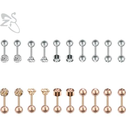 ZS 5 pair/lot Womens Rose Gold Ball Cartilage Studs Earrings Set With CZ Female Stainless Steel Shinning Crystal Earring Studs