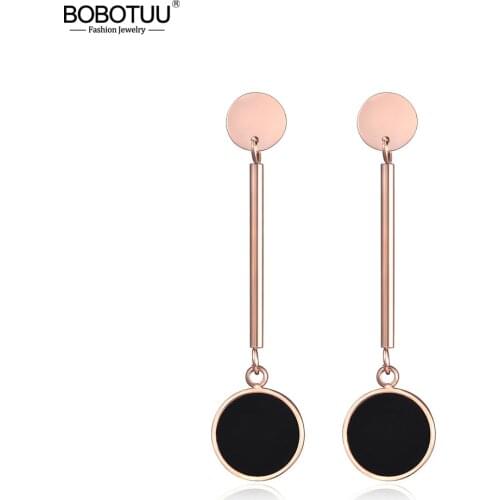 BOBOTUU Geometric Design Rose Gold Color Drop Earrings For Woman Stainless Steel Round Acrylic Dangle Earrings Jewelry BE17022