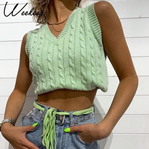 Weekeep Streetwear Fashion Vintage Sweater Vest Womens Y2K Harajuku Sleeveless Knitwear Solid V Nek Knitted Tops Clothes Female