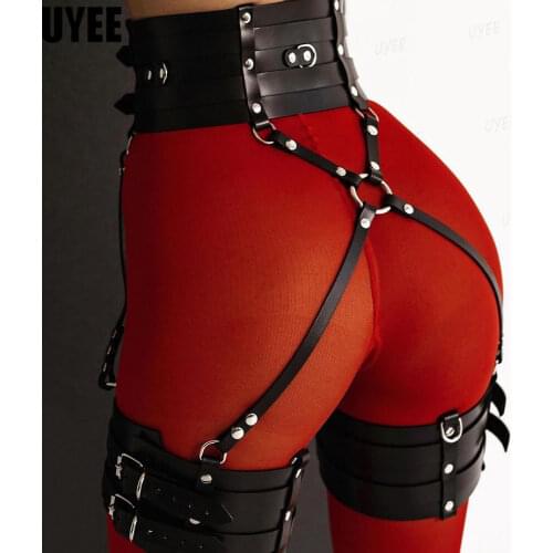 UYEE Women Lingerie Leather Sexy Leg Bridal Garter Belt Body Strap Belt Punk Goth Style Sex Erotic Bondage Cage Suspender