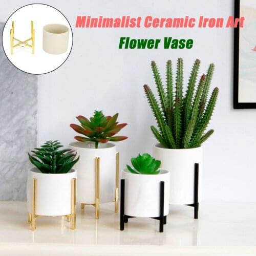1Pc Nordic Ceramic Iron Art Vase Home Office Decorative Tabletop Flower Pot with Bracket