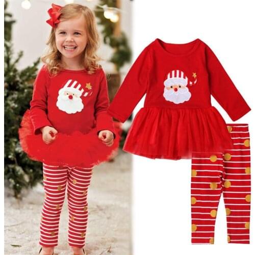 Christmas Party Princess Cute Infant Kids Girls Clothes 2PCS Santa Print Long Sleeve Lace Tutu Dress Tops+Striped Pants 0-3Y
