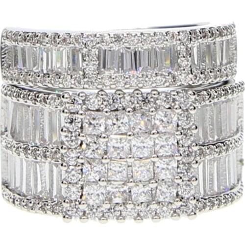 Us size 6 7 8 9 luxury wedding engagement set silver color clear sparking bling baguette cz ring for women