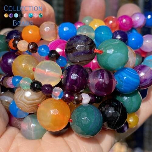 4-12mm Natural Stone Beads Faceted Multicolor Stripe Agates Round Spacer Loose Beads For Jewelry Making DIY Bracelet Accessories