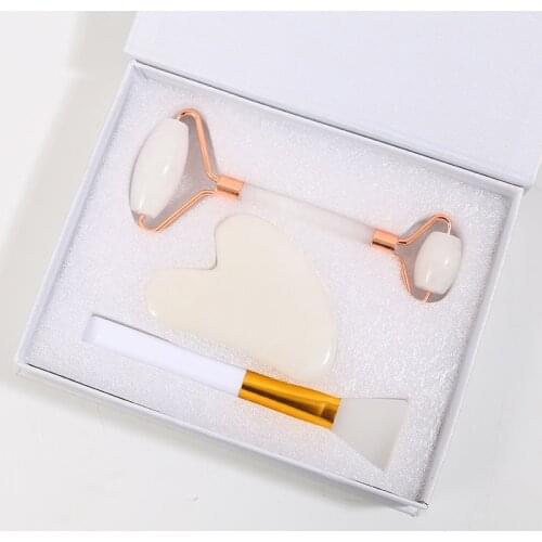 Pure Natural Rose Jade Roller Facial Massager White Jade Roller Facial Massager Roller Jade Shaving Mask Brush Three-piece Set