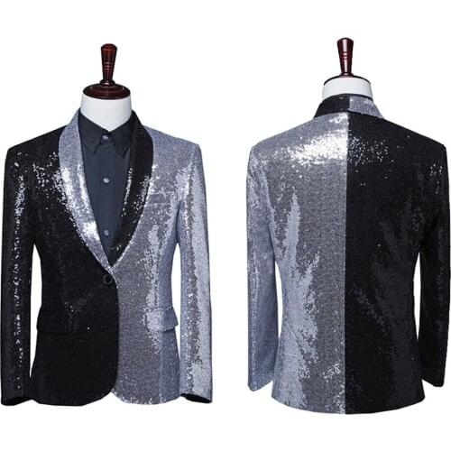 Men Half Black Half Silver Sequin Shawl Lapel Suit Jacket Blazer Tuxedo Top Costume Fancy Dress Show Glitter 903-B484