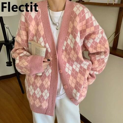 Flectit Women Cardigan Jacket Pink Argyle Cozy Oversized Knit Sweater Button Up V-Neck Knitwear School Girl Preppy Style