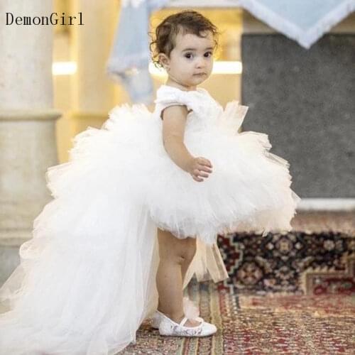 Hi-lo Tiered Flower Girl Dress for Wedding Puffy Tulle Kids Clothes Children Birthday Gowns with Long Tail