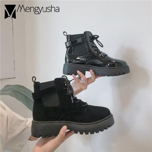 Japanned leather winter ankle boots lace up ankle buckle platform botines mujer 2020 short design chelsea motorcycle bootines