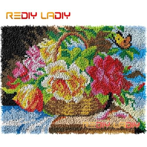 Latch Hook Rug Basket of Flowers DIY Carpet Rug Kits Thick Yarn Cross Stitch Hand Knotted Floor Mat Crochet Lush Cushion Crafts