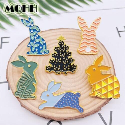 Cartoon Cute Animal Geometry Rabbit Back View Enamel Pins Pine Tree Christmas Tree Alloy Brooch Badge Accessories Woman Jewelry