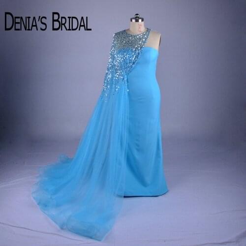 Real Blue Mermaid Evening Dresses with One Shoulder Sequined Tulle Train Evening Gowns