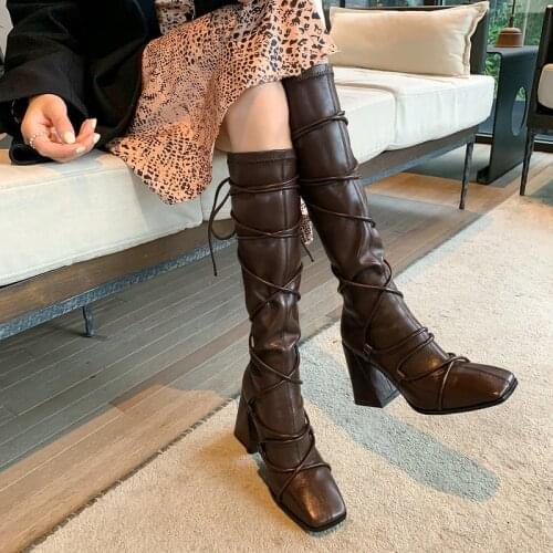 2021 Autumn Winter New Cross Strap Square Toe High Heel Ladies Fashion Boots Spring Leather Thick Heel Women’s Knee High Boots