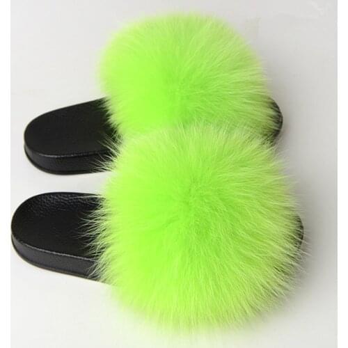 New Women Wool Slippers Luxury Real Fox Hair Fluffy Fur Warm Soft Indoor Slippers Furry Flip Flop Mujer Zapatillas