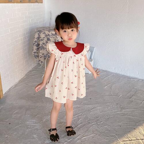 Sweet Girls Dress 2021 Summer New Childrens Cherry Print Ruffled Lapel Princess Costume 1-6 Years Old Kids Clothing