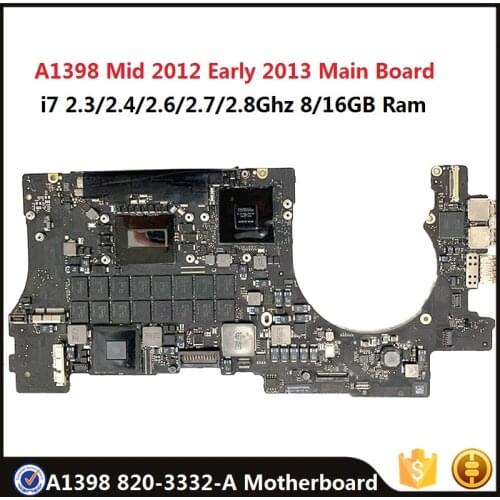 Original 820-3332-A A1398 Motherboard for MacBook Retina 15" Mid 2012 Early 2013 Logic Board 2.3/2.6/2.8Ghz 8G 16GB RAM 1G GPU