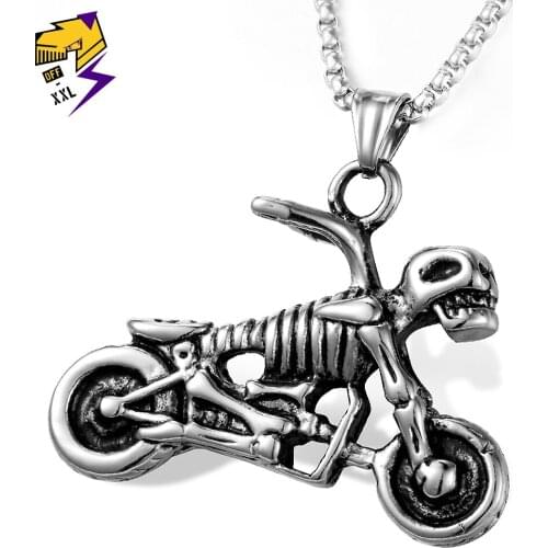 New Gothic Punk Skull Motorcycle Pendant Necklaces Stainless Steel Chains Necklace Men Vintage Silver Biker Jewelry