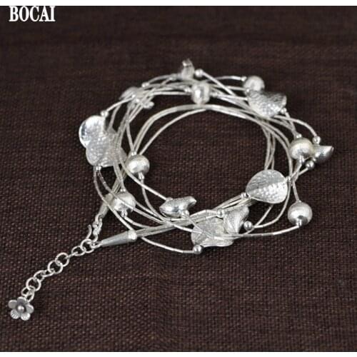 S925 sterling silver bracelet for women Handmade pure silver fish Bracelet female multi-layer silver tube winding leaves floret