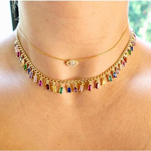 Rainbow Baguette cz charm choker necklace gold silver color cz drop chain fashion women jewelry