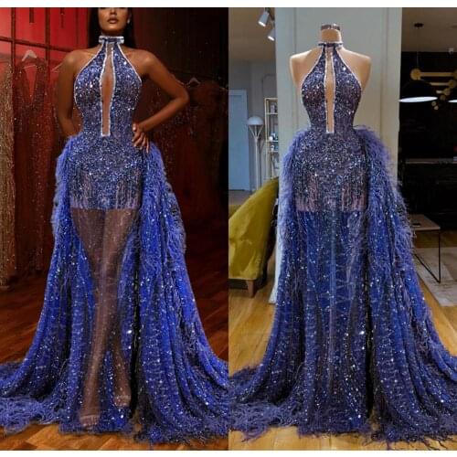 Luxurious Evening Dresses Halter Lace Bead Feather Mermaid Prom Dress With Detachable Train Formal Occasion Gown Robes De Soirée