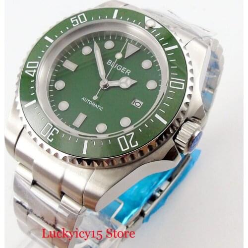 Luxury BLIGER 44mm Green Dial Date Function Automatic Men Wristwatch MIYOTA Movement Rotating Bezel Brushed Mental Strap