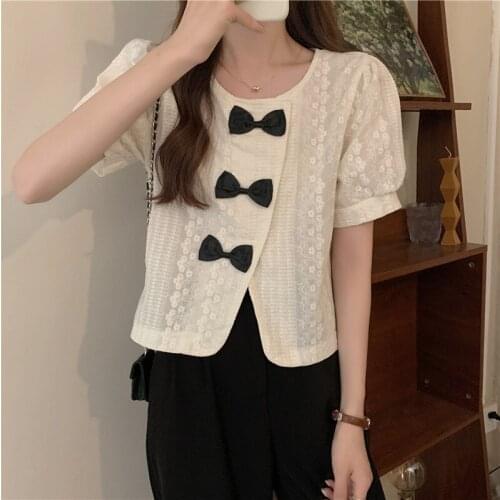 Shirts Temperament Bow Short-sleeved Shirt Female Design Sense Niche Summer New Korean Loose Casual Top