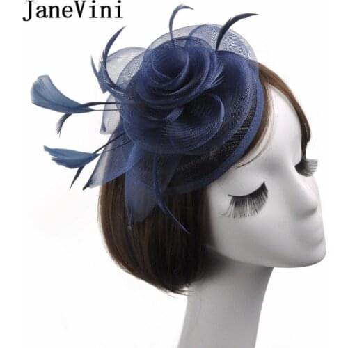 JaneVini Navy Blue Bridal Feather Hats Hat Bridal Flower With Hairpin Feathers Fascinator Bride Wedding Hats And Fascinators