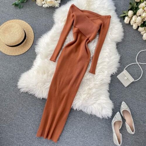 Slim 2020 Off Shoulder Cross Criss Autumn Knit Sweater Midi Long Dress Bodycon Party Winter Sexy Women Casual elegant Vestidos