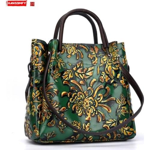 Trend Womens Bag Three-dimensional Embossed Women Diagonal Bag First Layer Leather Handbags Retro Style Hand-brushed Flowers