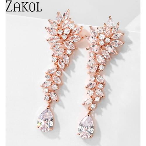 ZAKOL Luxury Cluster Leaf Zirconia Crystal Women Long Dangle Drop Earrings with Silver Color Teardrop for Bridal Wedding Jewelry